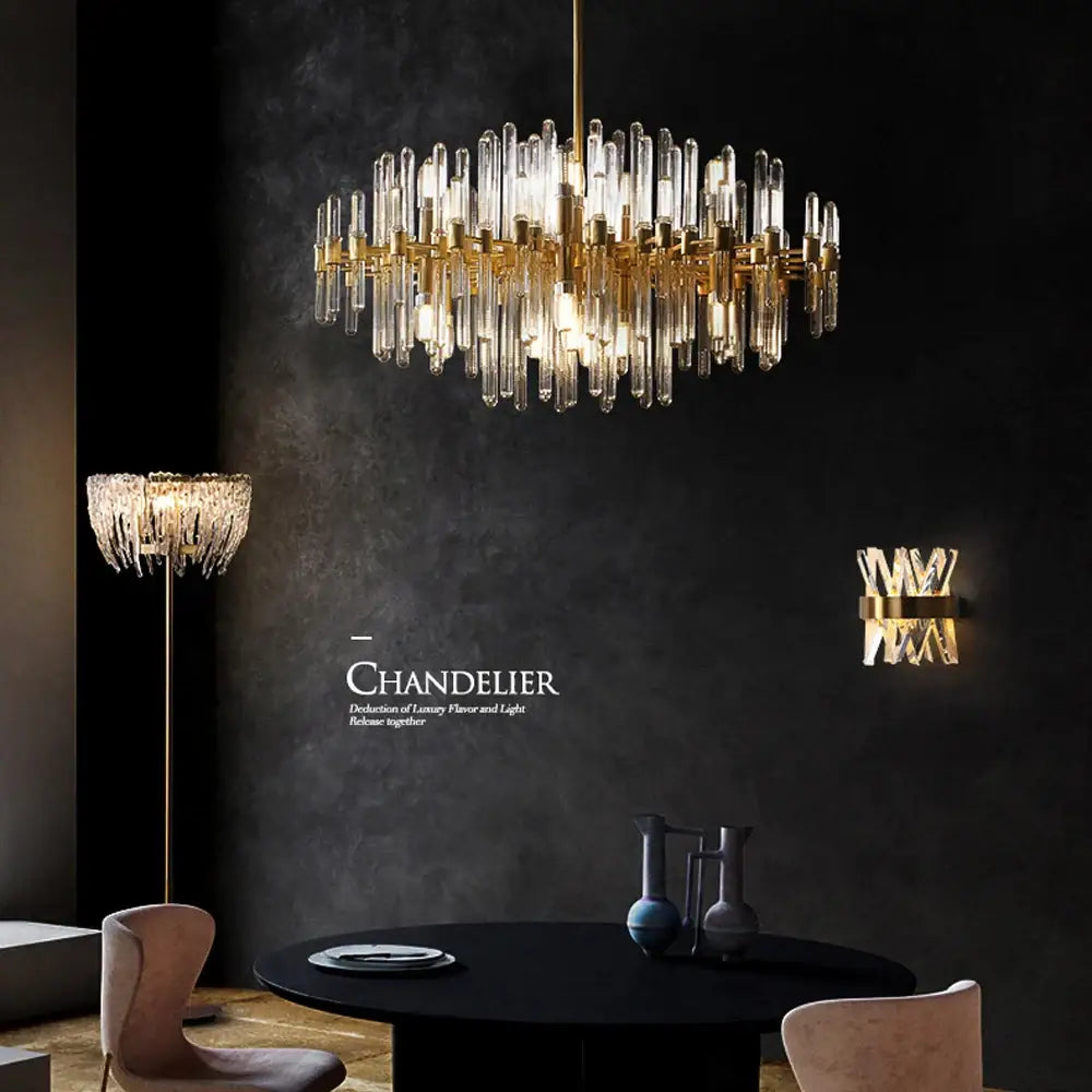 Modern gold and silver e14 led crystal pendant lights with clear crystal rods on brass frame for dining room lighting