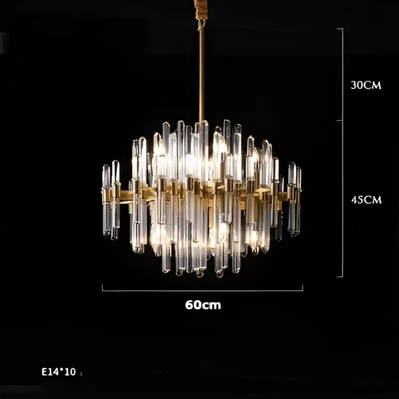 A modern gold and silver e14 led crystal pendant light with clear glass rods in a circular brass frame for dining room