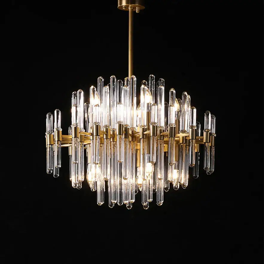 A modern gold and silver e14 led crystal pendant light with clear glass tubes and warm illumination for dining room