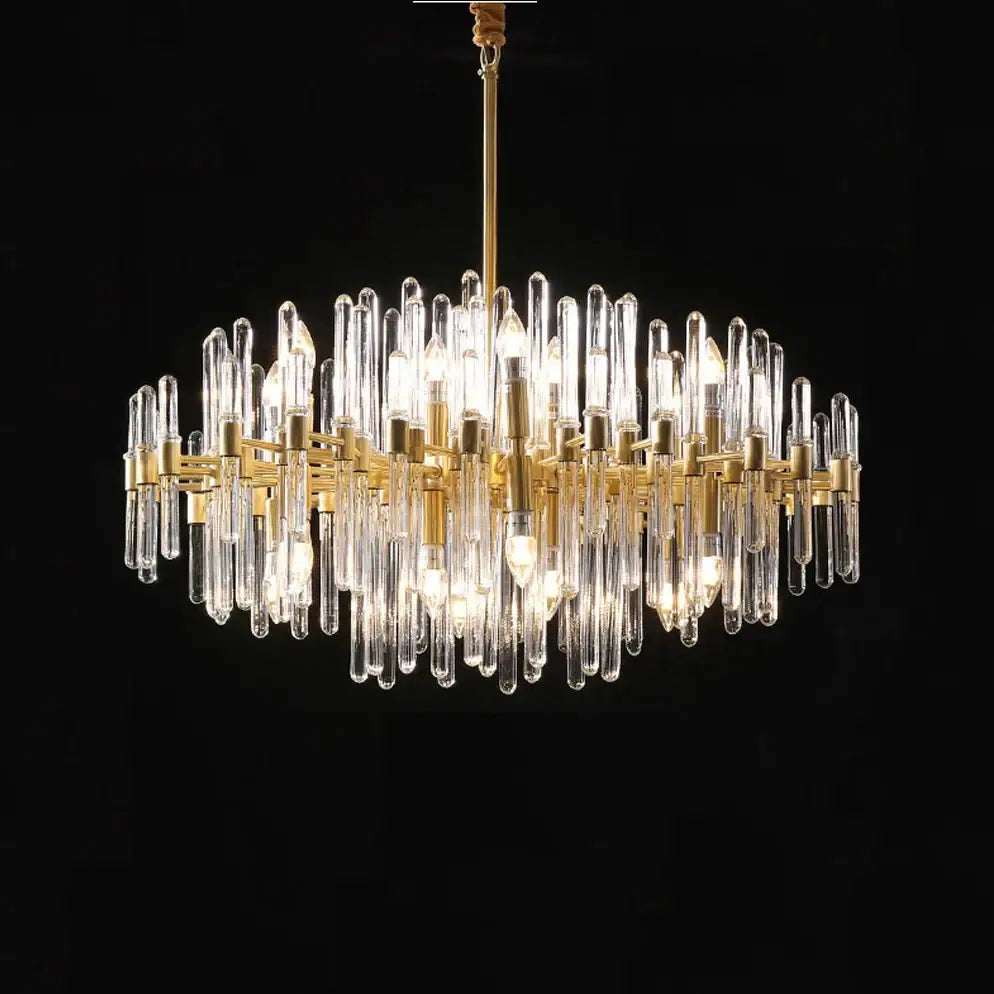 Modern gold pendant lights with clear glass crystal rods and exposed e14 led crystal bulbs for dining room use