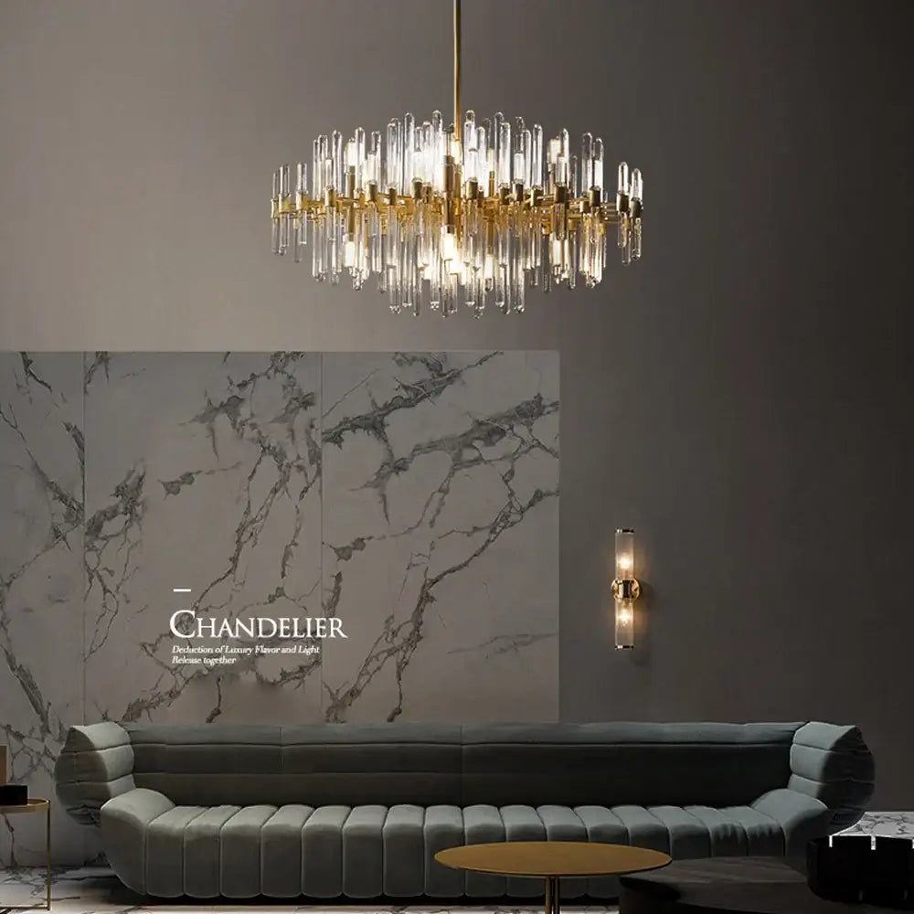 Modern gold and silver e14 led crystal pendant lights featuring a gold-toned chandelier with clear glass rods