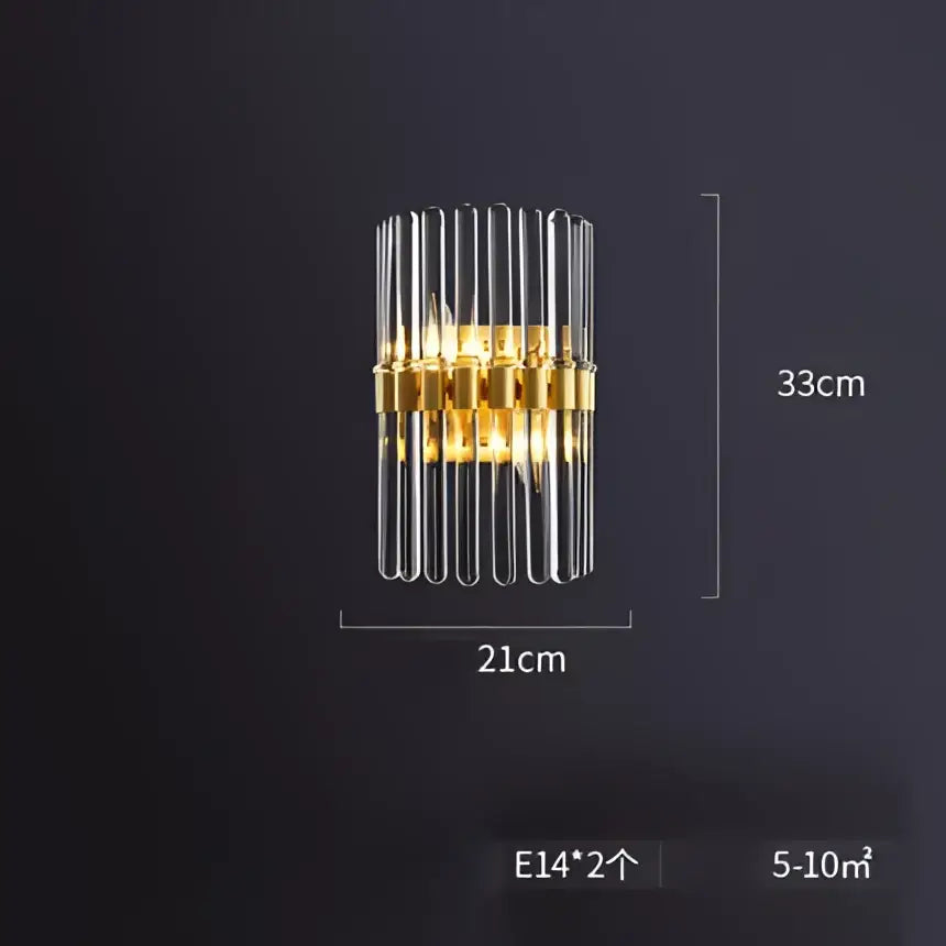 Gold-toned wall sconce with vertical clear glass rods in modern cylindrical design for e14 led crystal pendant lights