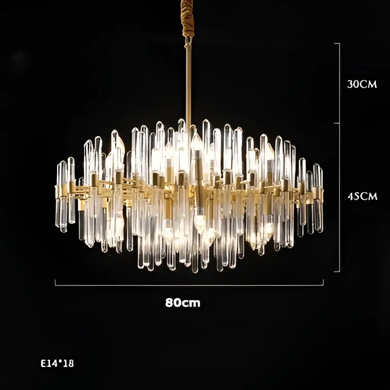 Modern gold pendant lights with clear glass crystal rods in a circular multi-tiered e14 led crystal pendant design