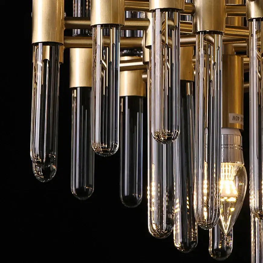 Modern gold and silver e14 led crystal pendant lights featuring gold-toned chandelier with clear glass tubes and single bulb