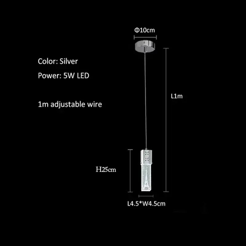 Silver modern pendant light with sleek cylindrical glass body and adjustable wire for versatile bubble crystal led lighting