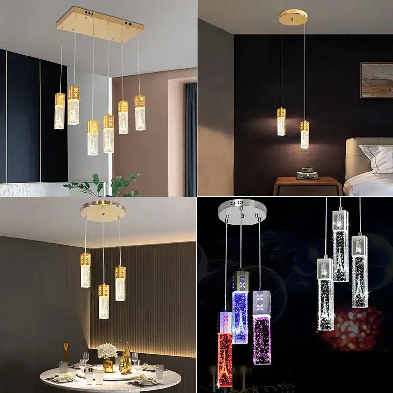 Modern gold and silver eiffel tower bubble crystal led pendant lights with clear glass shades and metal frames