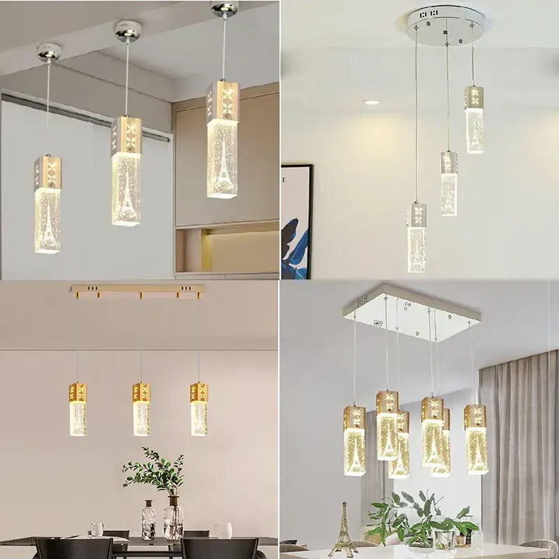 Modern rectangular pendant lights with gold-finished frames and clear bubble crystal led glass bodies