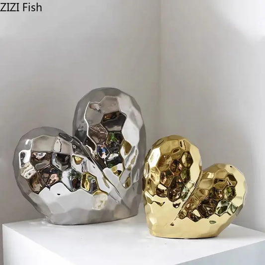 Modern gold and silver faceted ceramic statue with honeycomb texture for living room home decor decorbites golden heart