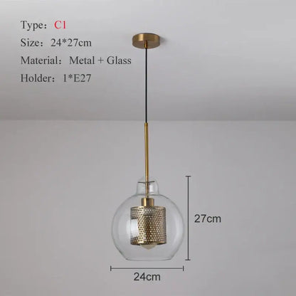Modern gold and silver honeycomb glass pendant light with clear ball glass pendant and brass accents for kitchen use