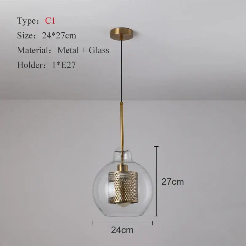 Modern gold and silver honeycomb glass pendant light with clear ball glass pendant and brass accents for kitchen use