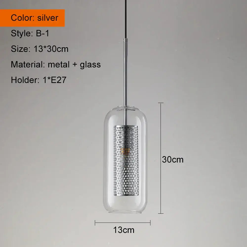 Modern gold and silver honeycomb glass pendant light with silver ball glass pendant and perforated metal cylinder design