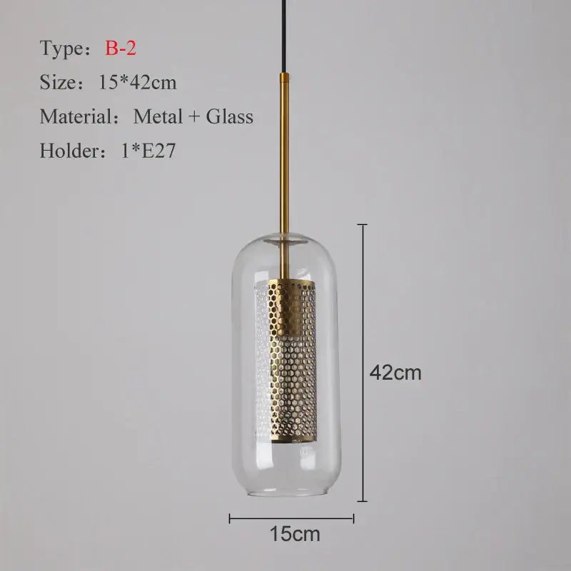 Modern gold and silver honeycomb glass pendant light with clear cylinder and brass rod as a kitchen pendant light