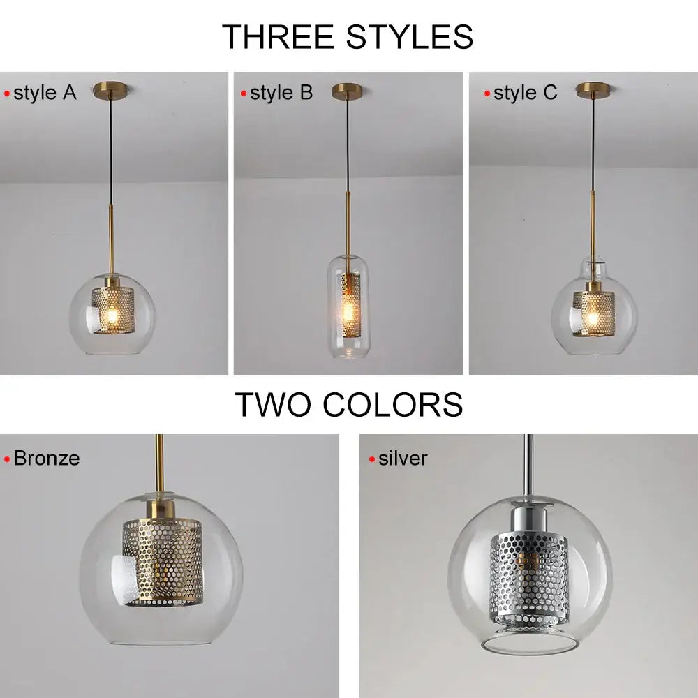 Modern gold and silver honeycomb glass pendant light featuring a clear ball glass pendant with a perforated metal shade