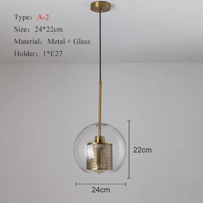 Modern gold and silver honeycomb glass pendant light with a brass mesh cylinder and clear ball glass pendant globe