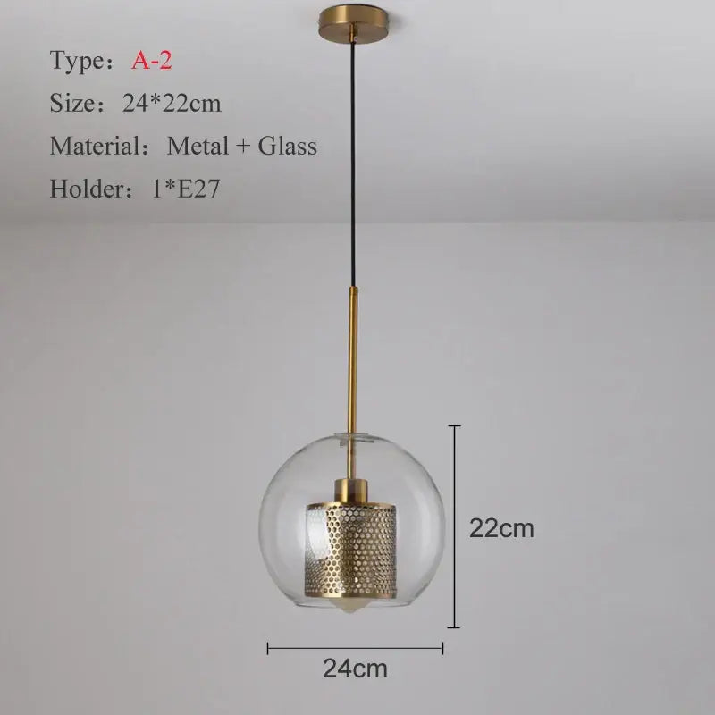 Modern gold and silver honeycomb glass pendant light with a brass mesh cylinder and clear ball glass pendant globe