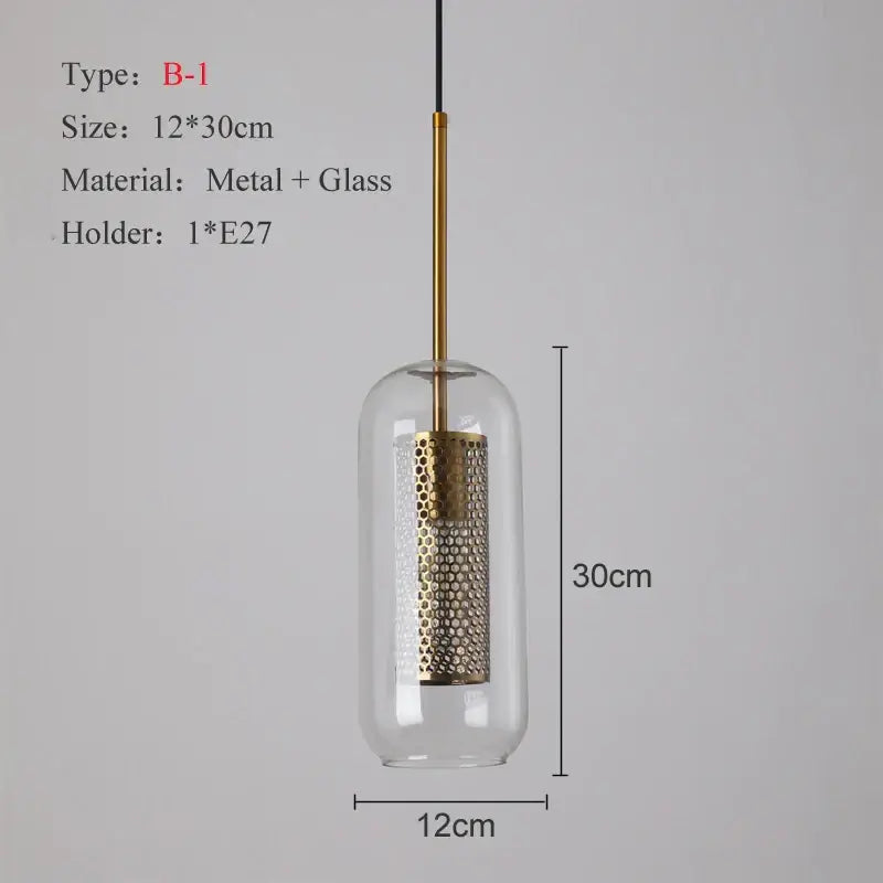 Modern gold and silver honeycomb glass pendant light with clear cylinder and brass rod for kitchen fixture