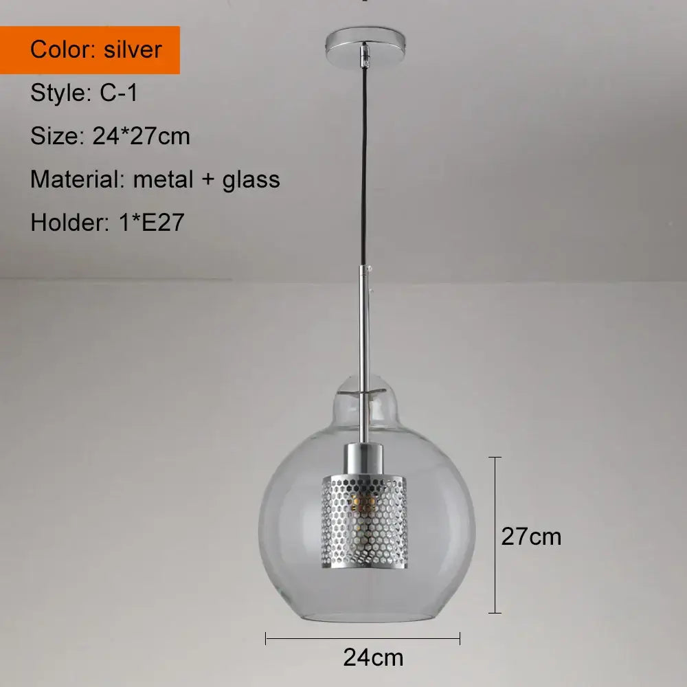 Modern silver ball glass pendant light with perforated metal shade for kitchen featuring honeycomb design