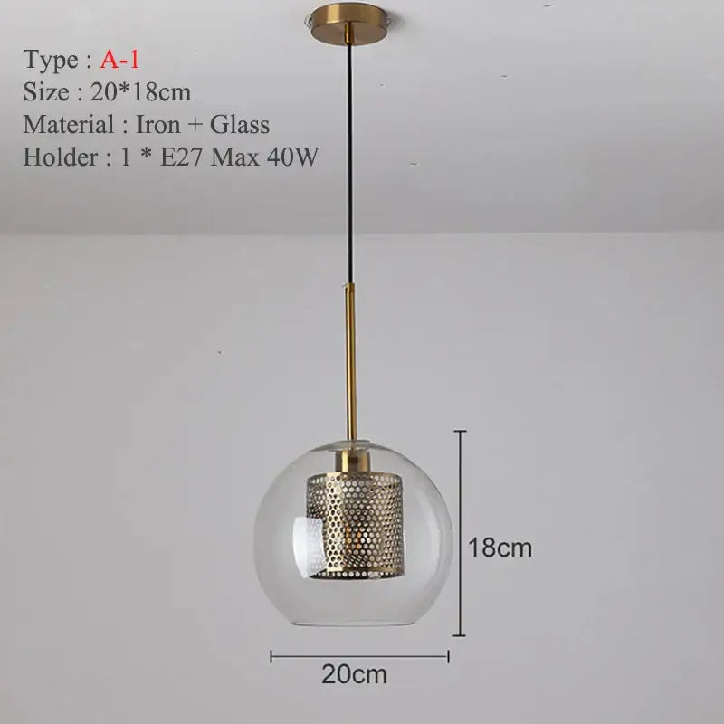 Modern gold and silver honeycomb glass pendant light with spherical ball glass pendant and brass iron rod shade