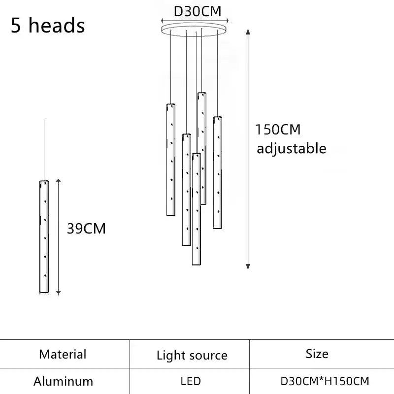 Adjustable aluminum led wind chime with five slender heads as modern gold silver led pendant light for dining room decorbites gold silver
