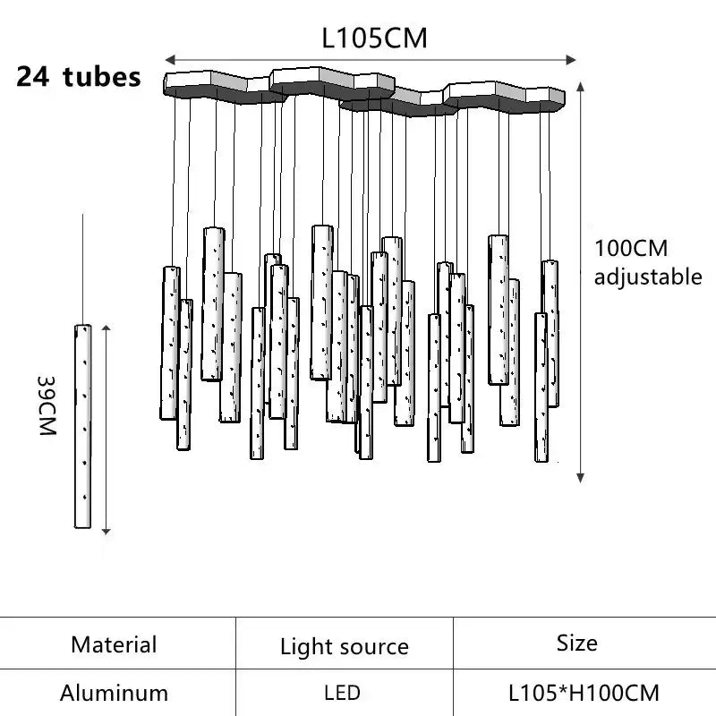 Modern gold silver led pendant light chandelier with 24 textured aluminum tubes and adjustable height for dining room decorbites gold silver