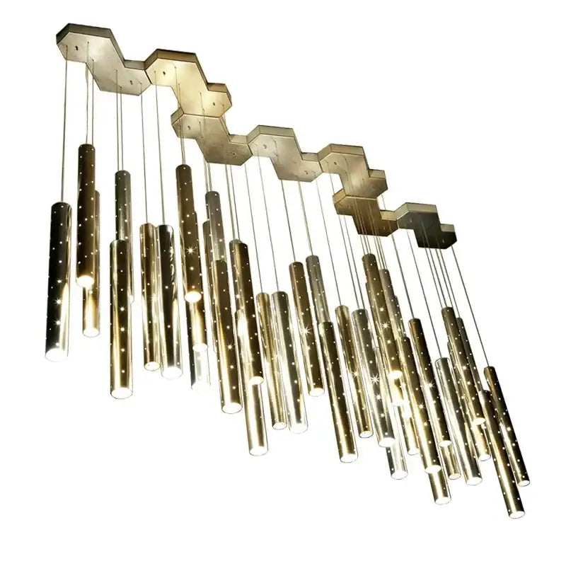 Modern gold and silver led pendant light with a golden hexagonal frame and cascading cylindrical fixtures for dining room decorbites gold silver