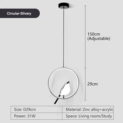 Modern gold and silver magpie led pendant light with metallic finish zinc alloy frame and adjustable acrylic shade