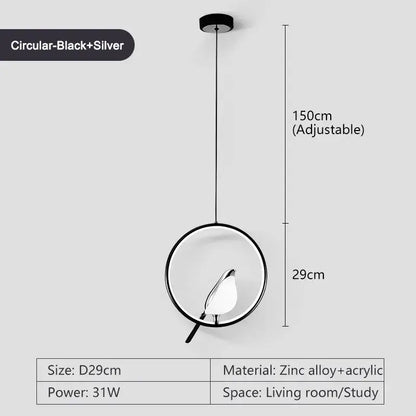 Black and silver pendant light with bird-shaped acrylic shade and metallic finish for modern dining room lighting area