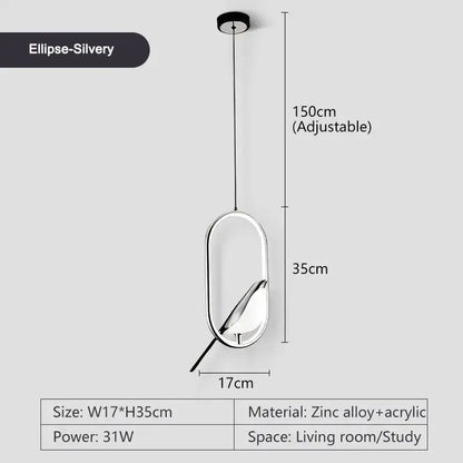 Silver ellipse-shaped modern pendant light with sleek zinc alloy metallic finish, adjustable for dining room lighting area