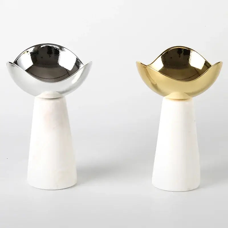 Modern gold and silver marble dessert bowl with metallic flower shape and white marble base by decorbites golden tray