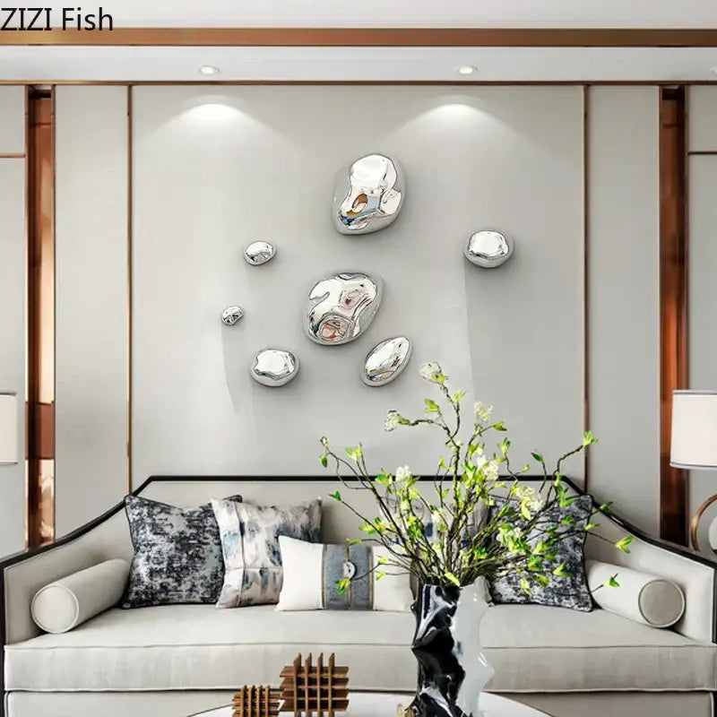 Silver glossy irregular metallic rock wall hanging ornaments for modern gold and silver living room decor