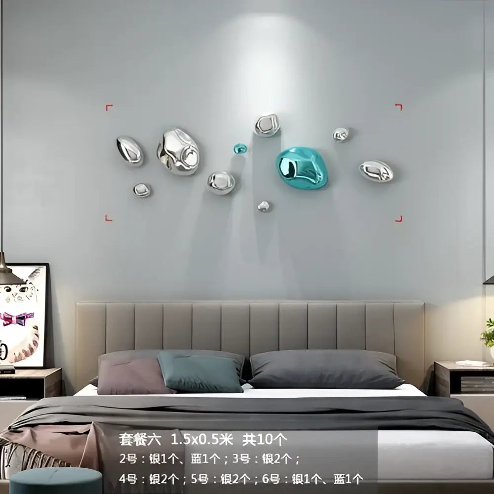 Modern silver and teal metallic 3d bubble wall hanging ornaments for living room decor with a rock-inspired design