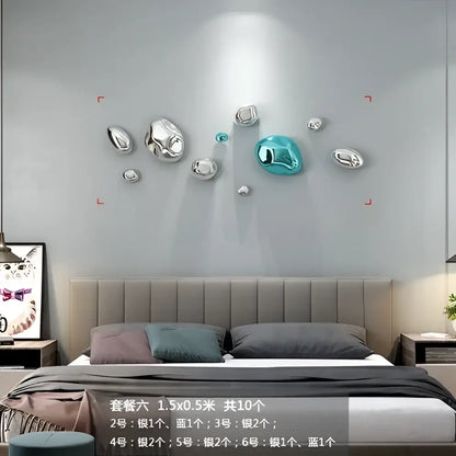 Modern silver and teal metallic 3d bubble wall hanging ornaments for living room decor with a rock-inspired design