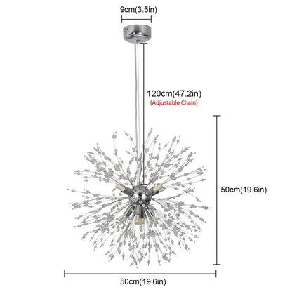 Silver chrome-finished spherical sputnik pendant light with crystal branches and adjustable chain for modern decorbites dandelion chandelier