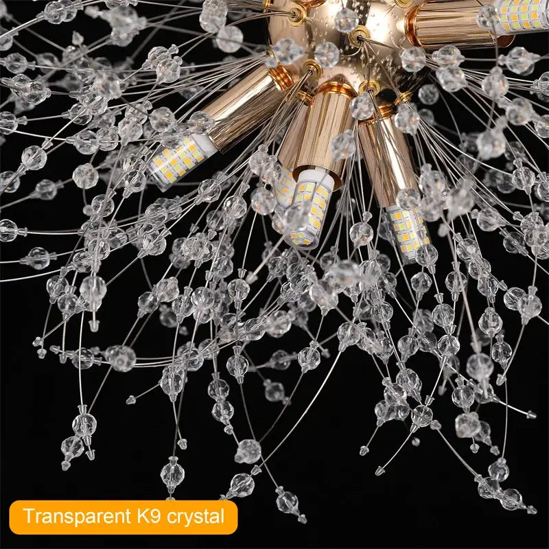 Modern gold and silver sputnik pendant light with k9 crystal beads and integrated led bulbs for elegant decorbites dandelion chandelier