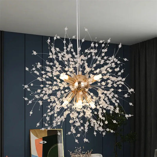 A sparkling gold-toned sputnik pendant light with delicate crystal beads and slender wire arms for modern decorbites dandelion chandelier