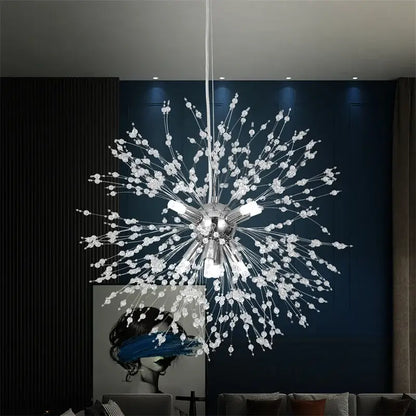 Modern gold and silver sputnik pendant light featuring a sparkling silver chandelier with crystal droplets and metallic arms