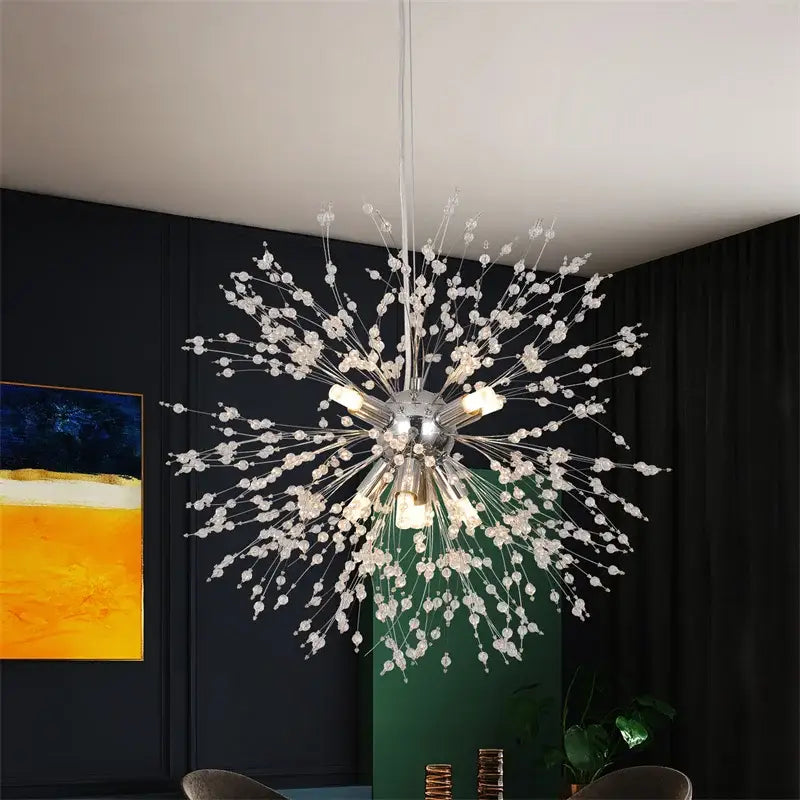 Modern gold and silver sputnik pendant light with sparkling crystal beads and slender metallic arms for living room decorbites dandelion chandelier