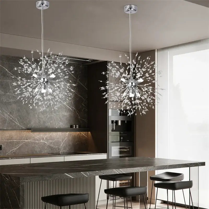 Two elegant silver-toned sputnik pendant light chandeliers with intricate crystal arms for modern living room decorbites dandelion chandelier
