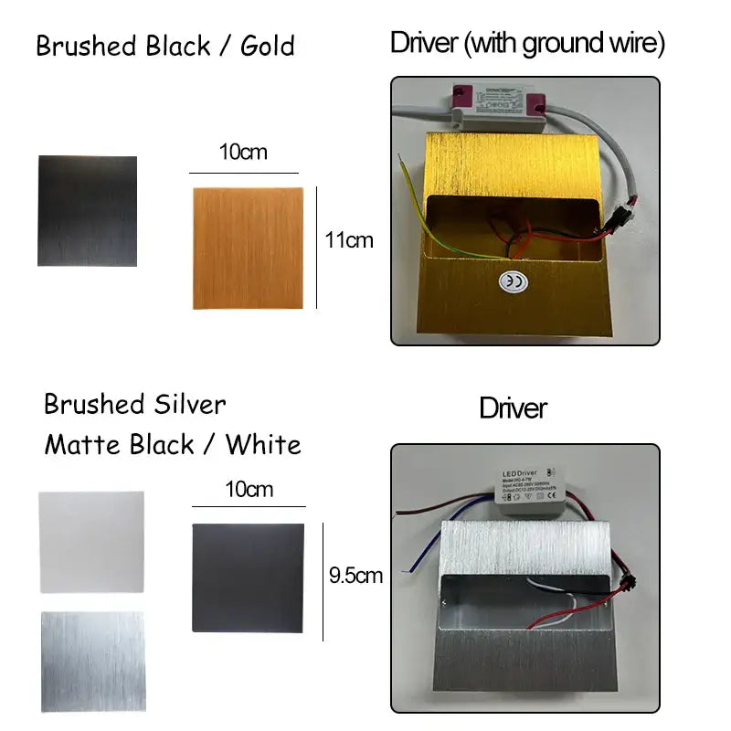 Modern gold and silver square wall lamps with brushed black and gold textured metal housing for home decor wall lights