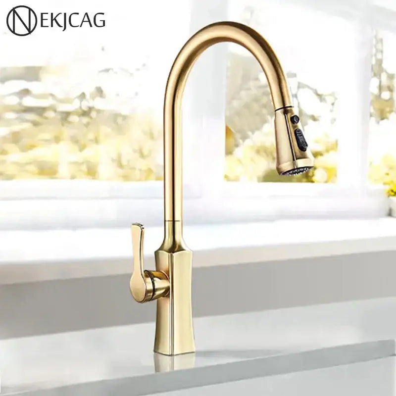 Modern gold single handle kitchen faucet with pull down sprayer and sleek curved spout for kitchen use decorbites gold single