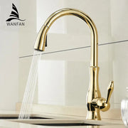 Modern gold single handle pull out kitchen faucet with a sleek curved spout and swivel mixer tap for decorbites gold single use