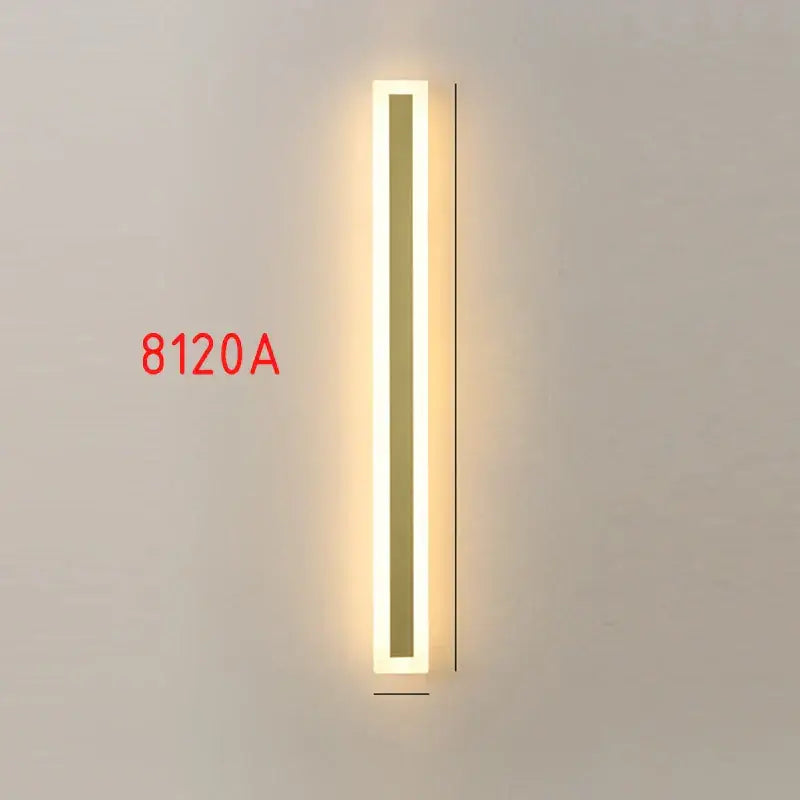 Modern gold slim led wall lamp with minimalist rectangular design emitting warm white light for outdoor use decorbites led wall