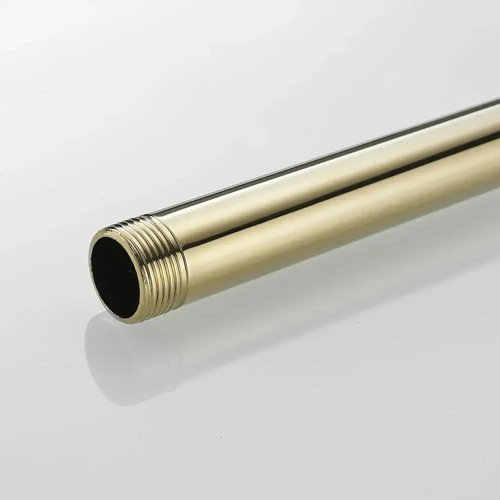 Modern gold solid brass extension tube arm with a sleek brass finish and threaded end for bathroom shower use