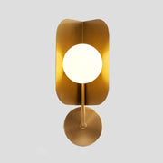 Modern gold metal wall light with curved rectangular backplate and circular frosted led bulb for bedroom sconce