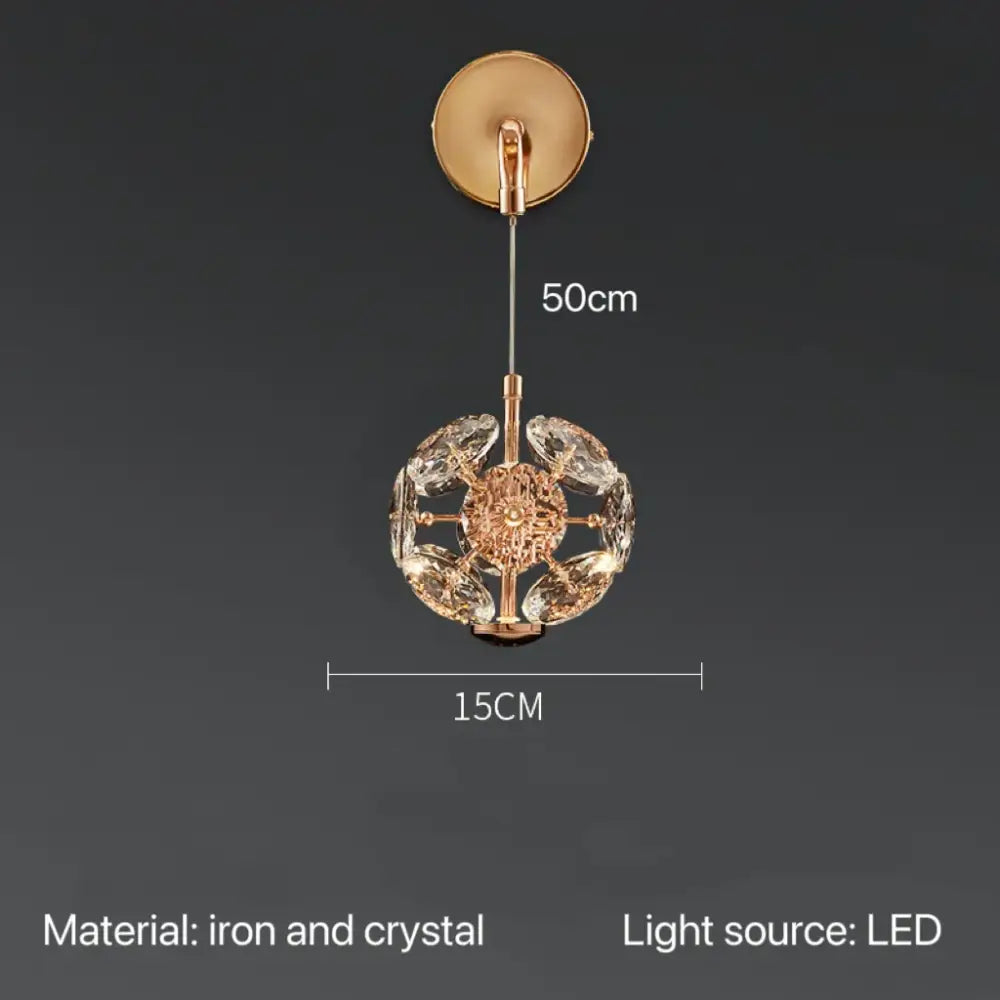 Modern gold spherical crystal pendant chandelier with rose gold frame and clear crystals for bedroom lighting