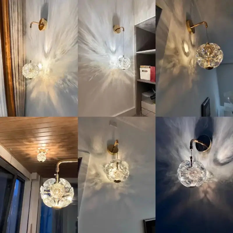 Modern gold spherical crystal pendant chandelier with clear faceted globe diffusing warm light radiant patterns