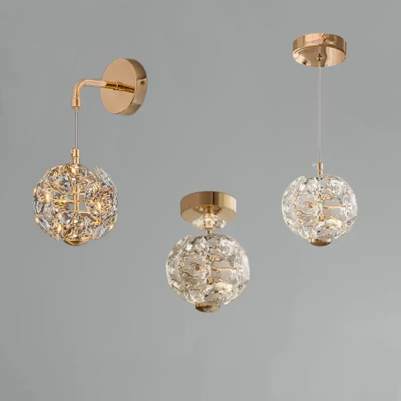 Modern gold spherical crystal pendant chandelier with gold-finished crystal pendant and clear faceted glass spheres for bedroom