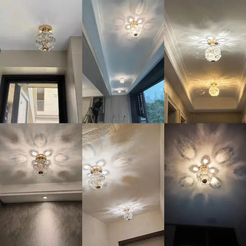 Modern gold spherical crystal pendant chandelier with clear glass facets and gold-toned metal base for bedroom lighting