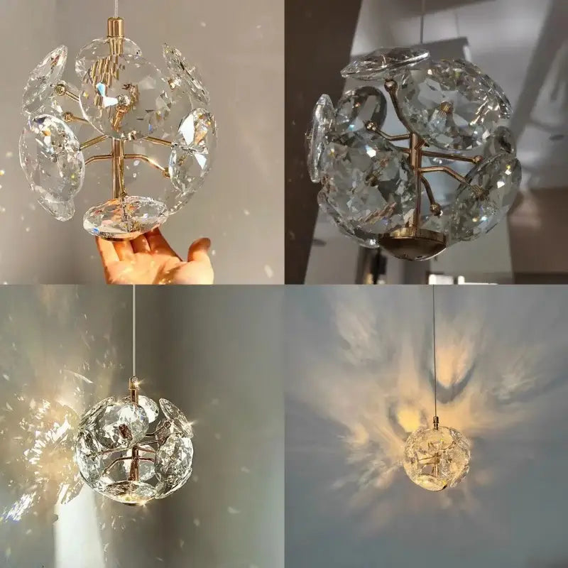 Modern gold spherical crystal pendant chandelier with clear faceted glass pieces for bedroom lighting