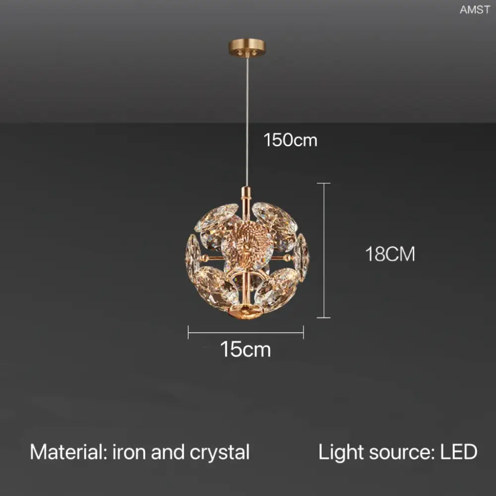 Modern gold spherical crystal pendant chandelier with gold-toned iron frame and clear faceted crystals for bedroom